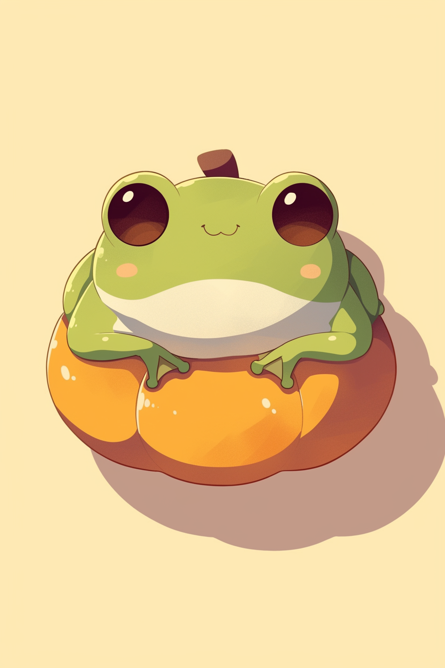 Halloween frog drawing ideas 2 featuring a cute green frog sitting on an orange pumpkin with a shadow cast beneath it.